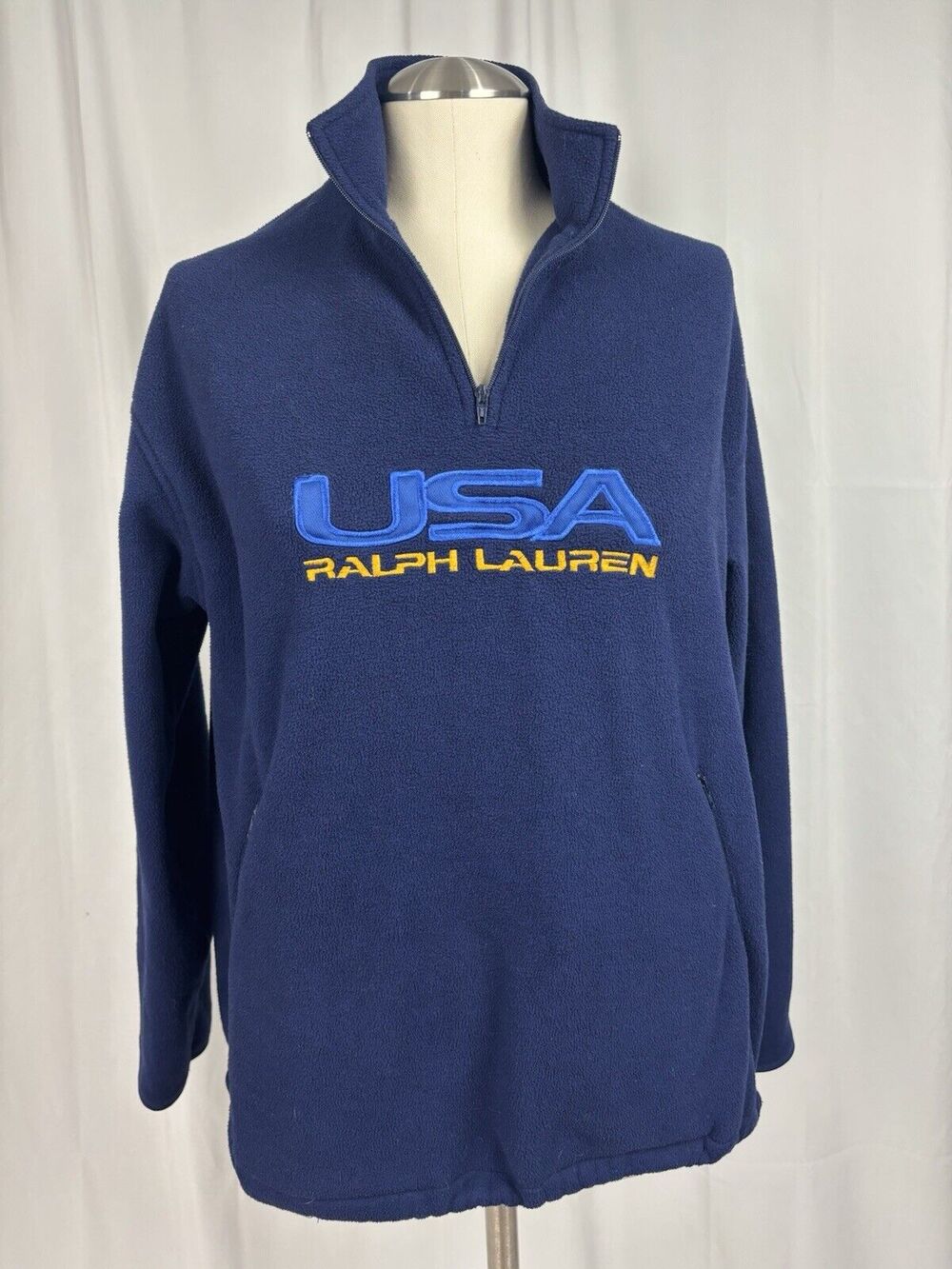 VTG Polo Sport USA Ralph Lauren Men’s M 1/4 Zip Fleece Navy Spellout Pullover